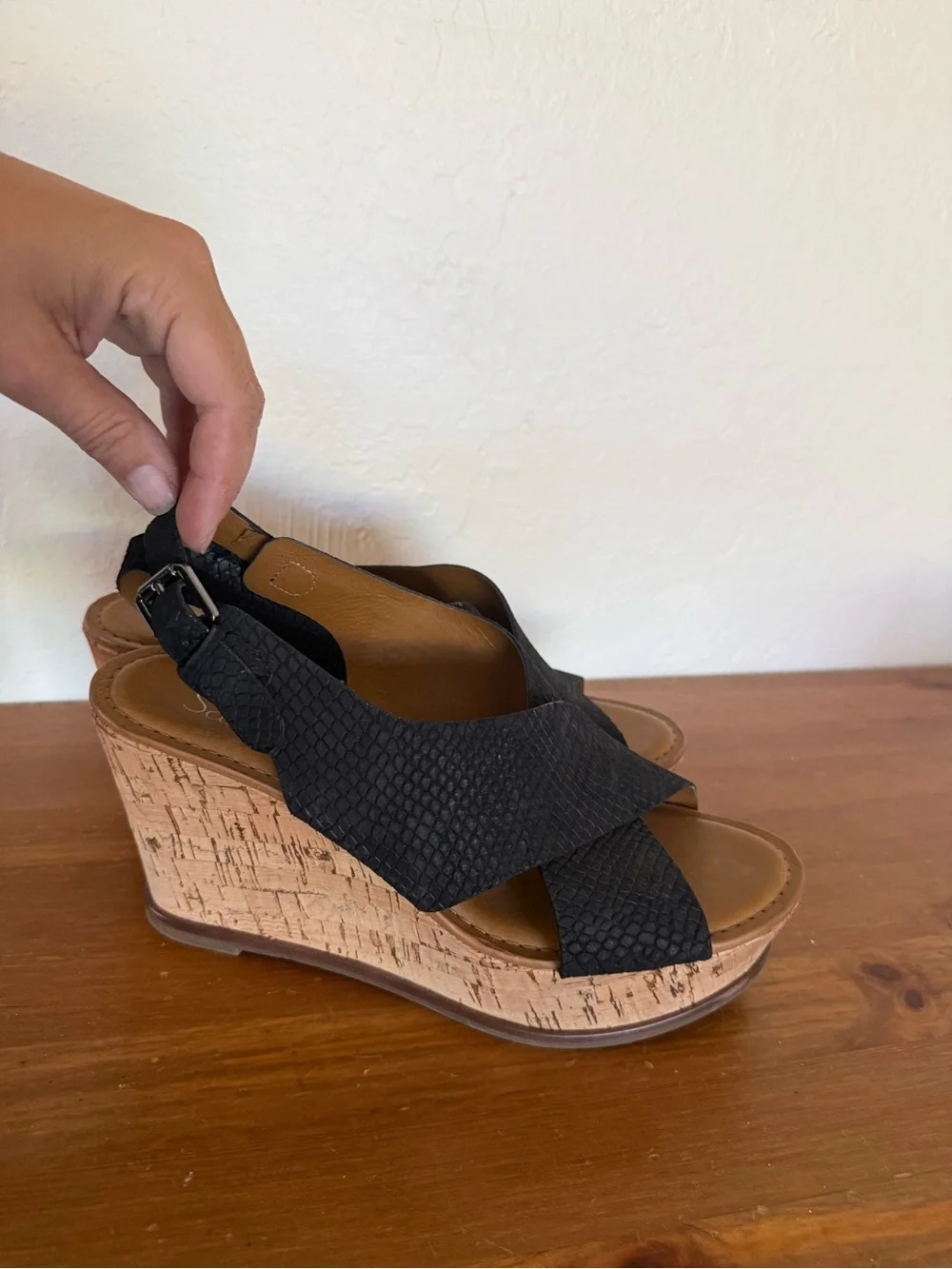 Franco Sarto Black Textured Crisscross Wedge Sandals